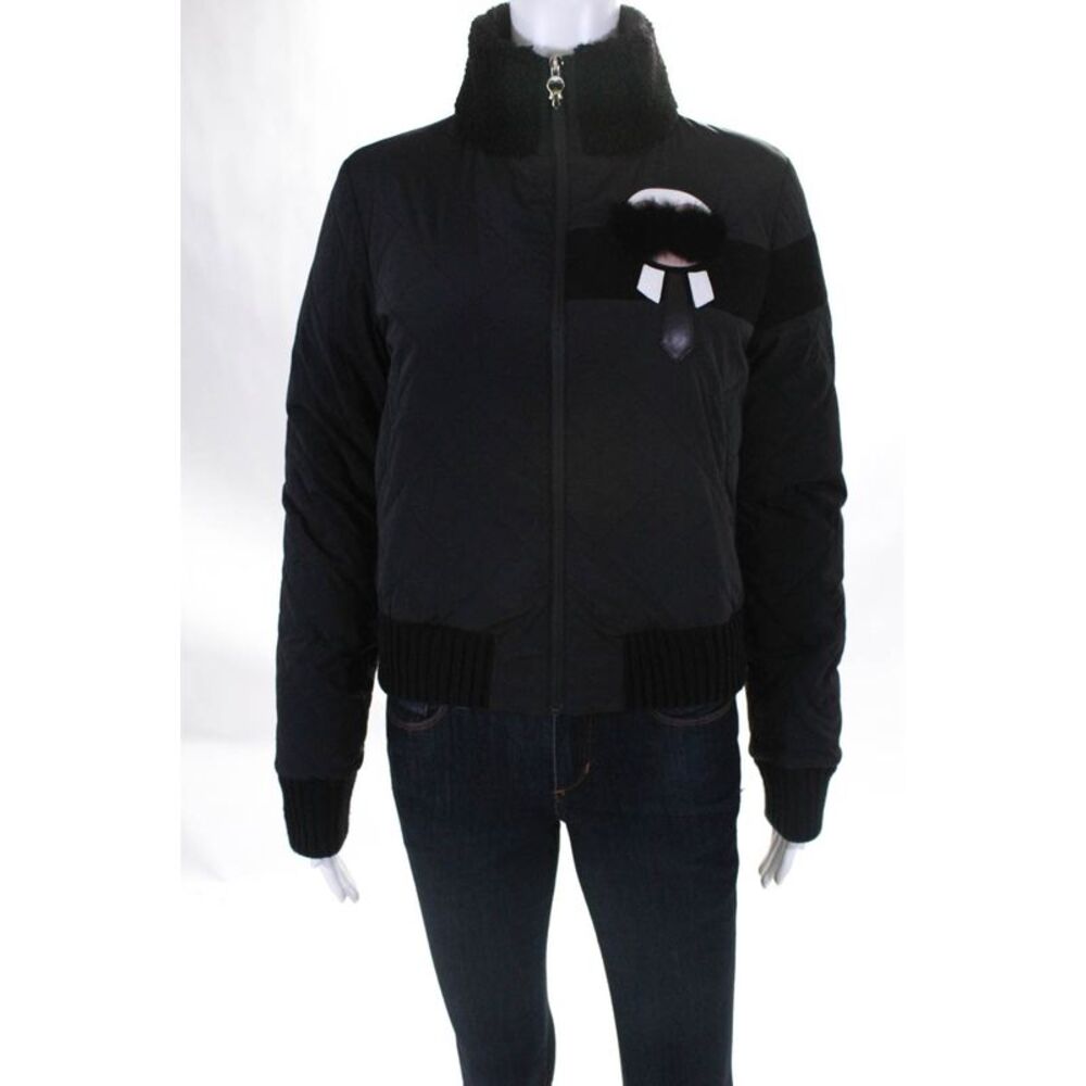 Fendi Womens 2018 Karlito Mink Detail Bomber Jacket Black Size 42 Italian